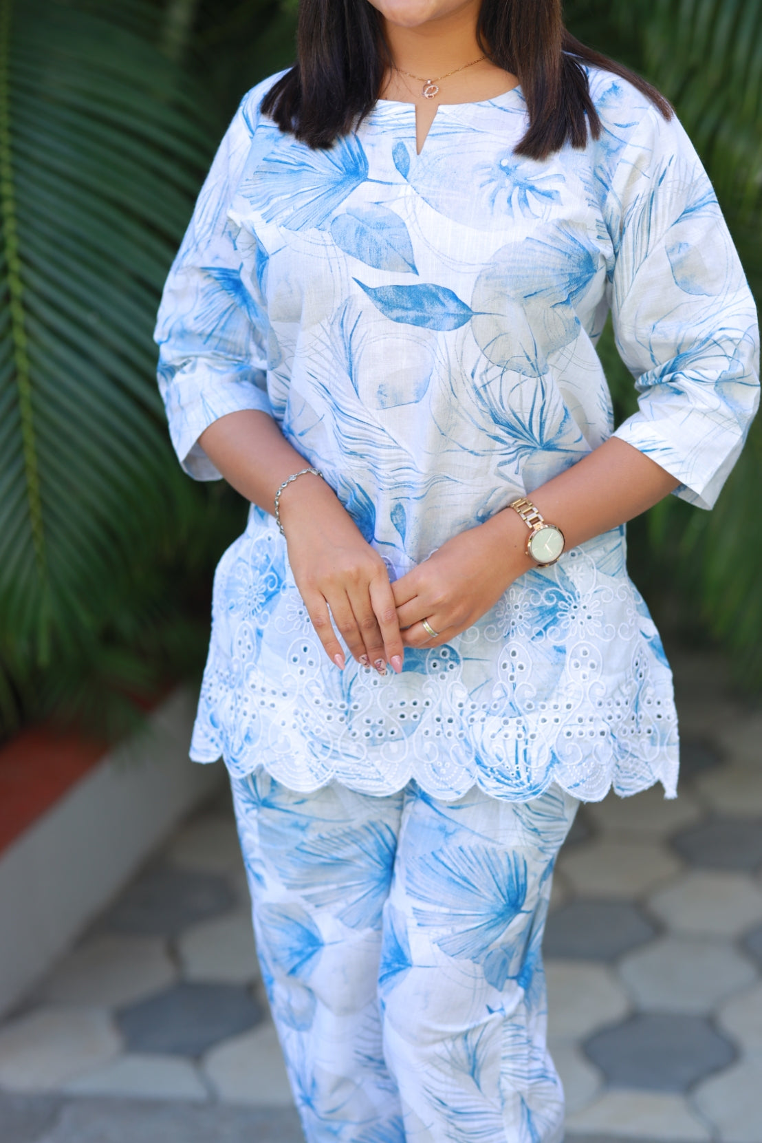 Ice Blue leaf Linen schiffli embroidery co-ord set