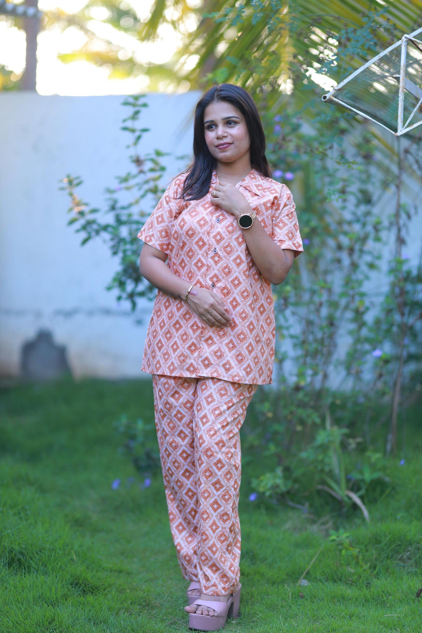 FANCY - Sandal opal design full button collar type Nightdress