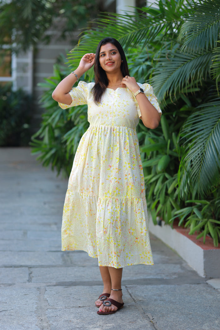 Pure cotton Hand Dyed Yellow Batik double layer frock with Center zip