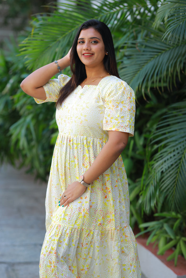 Pure cotton Hand Dyed Yellow Batik double layer frock with Center zip