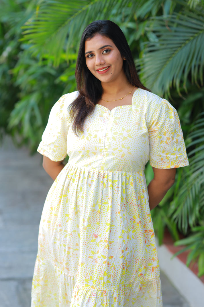 Pure cotton Hand Dyed Yellow Batik double layer frock with Center zip