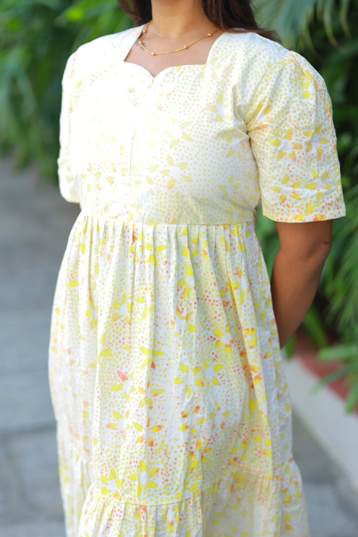 Pure cotton Hand Dyed Yellow Batik double layer frock with Center zip