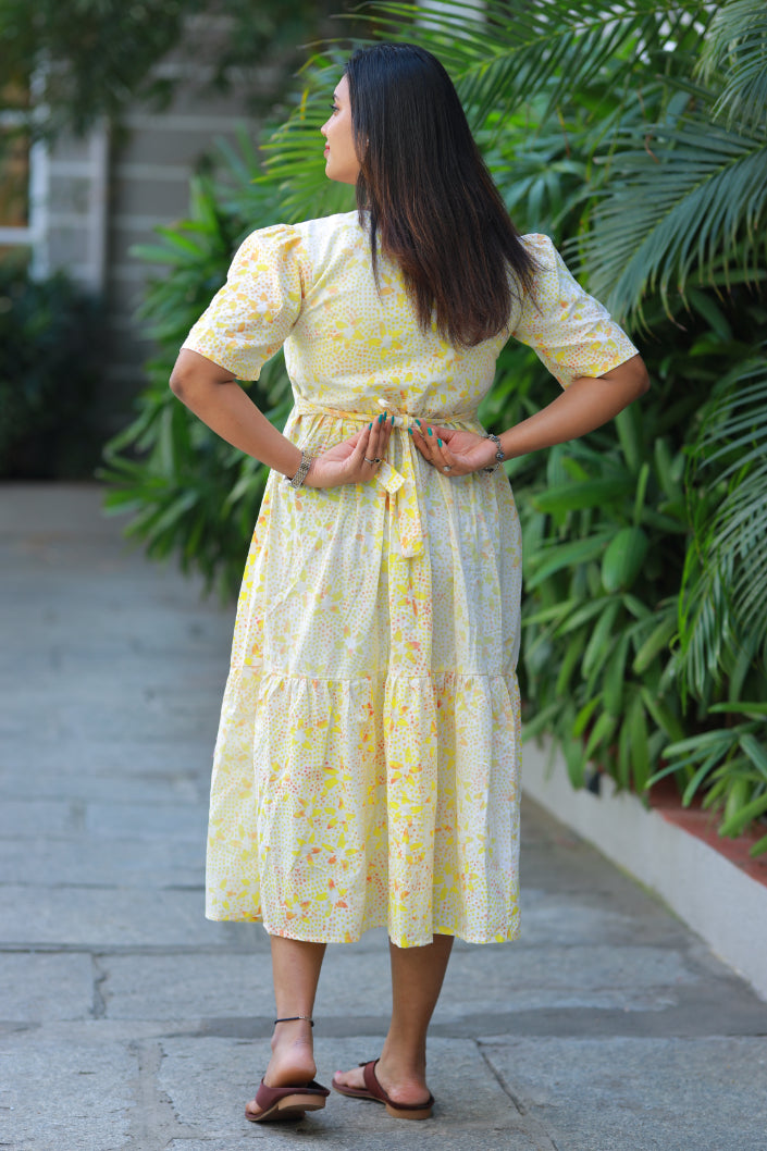 Pure cotton Hand Dyed Yellow Batik double layer frock with Center zip