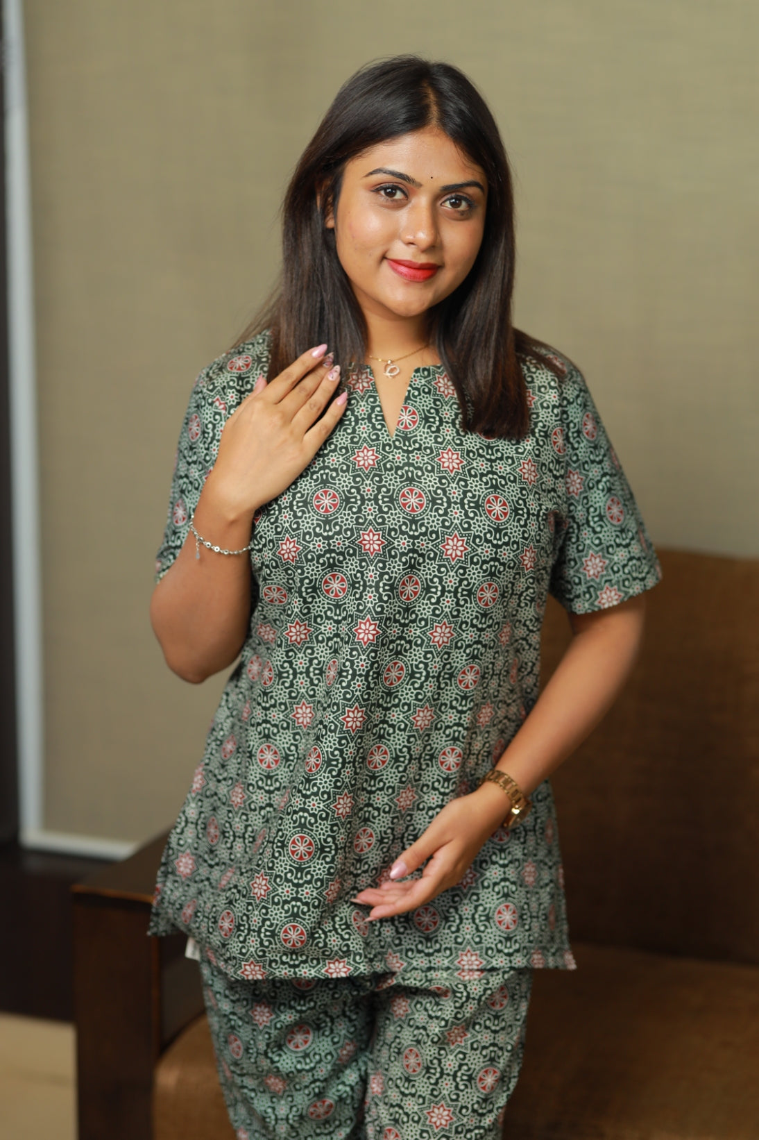 Olive Green Rangoli design u neck nightdress