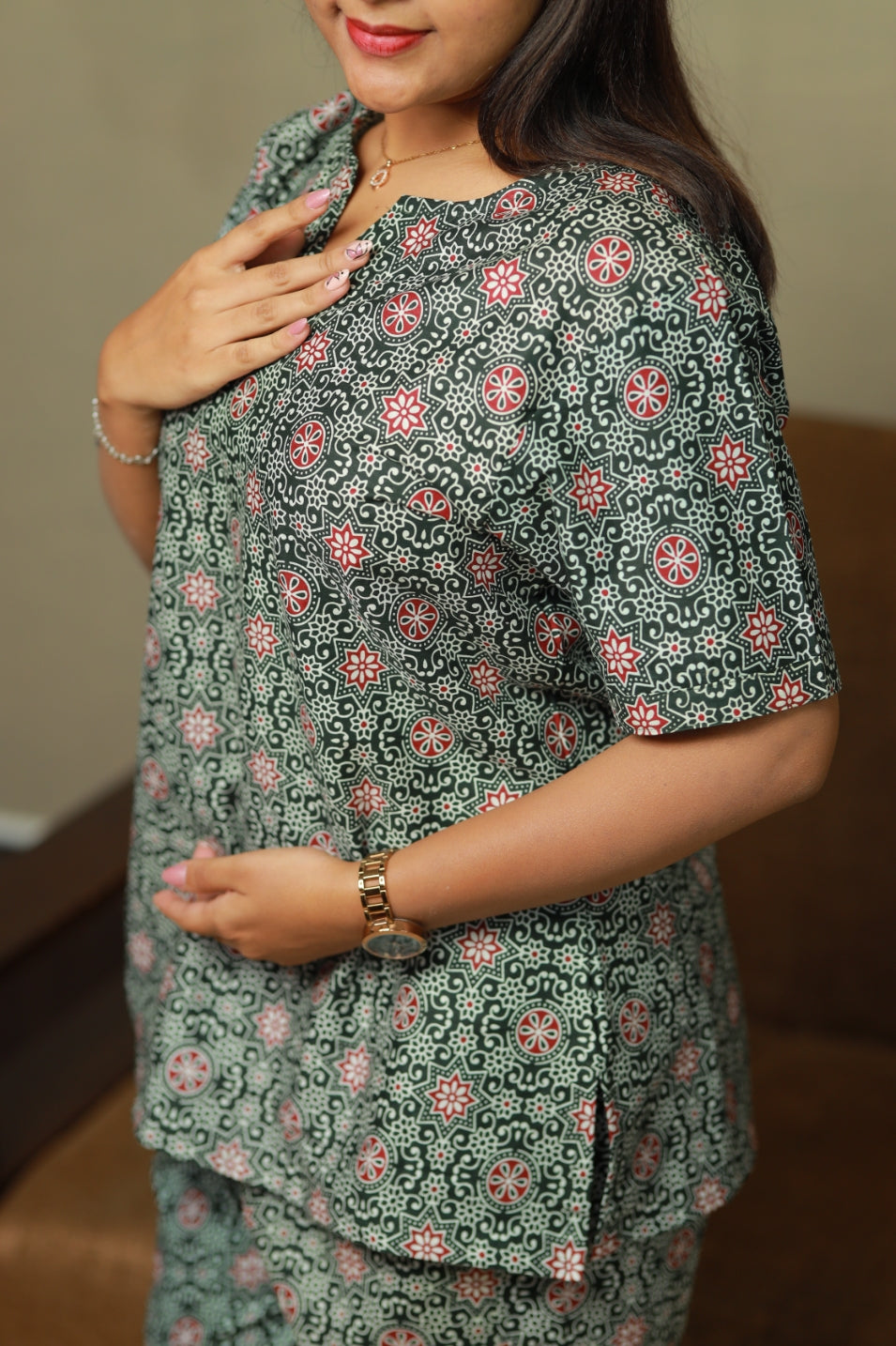 Olive Green Rangoli design u neck nightdress