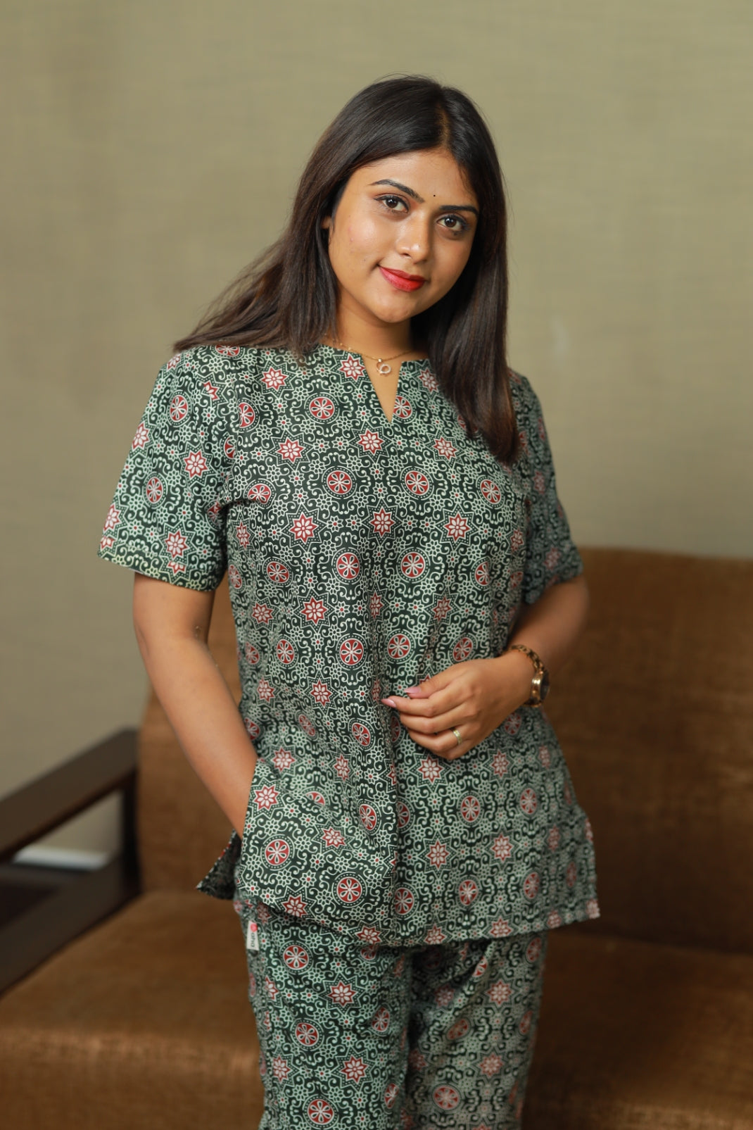 Olive Green Rangoli design u neck nightdress
