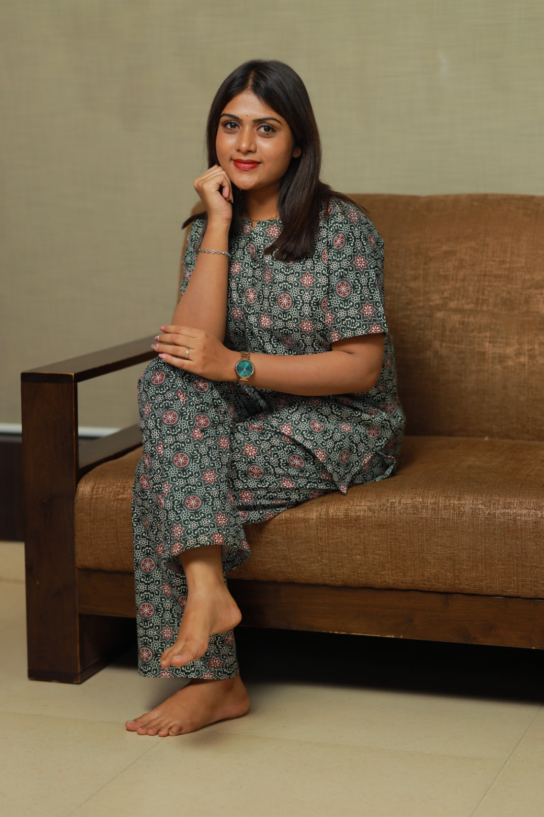 Olive Green Rangoli design u neck nightdress