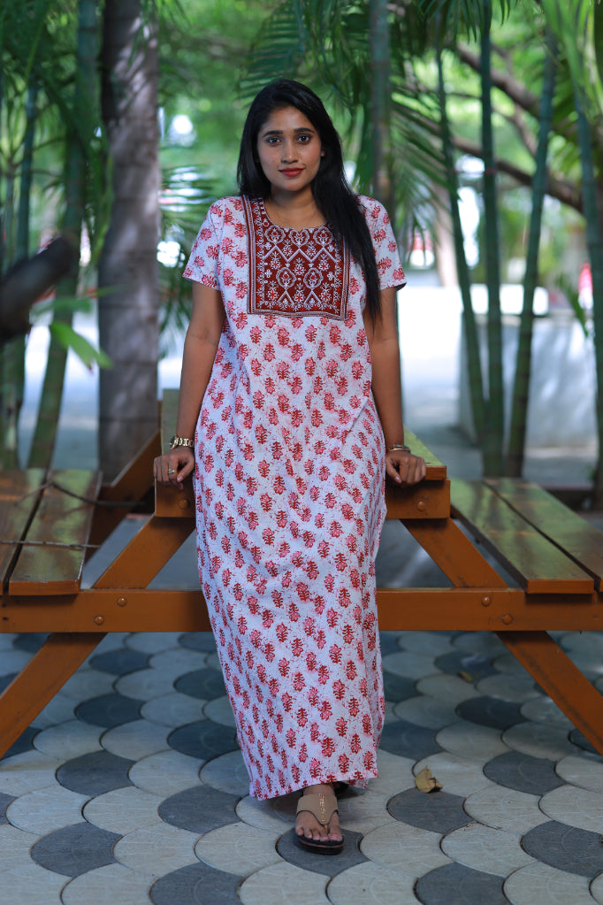 White with Red Butta design Neck Embroidery Nighty