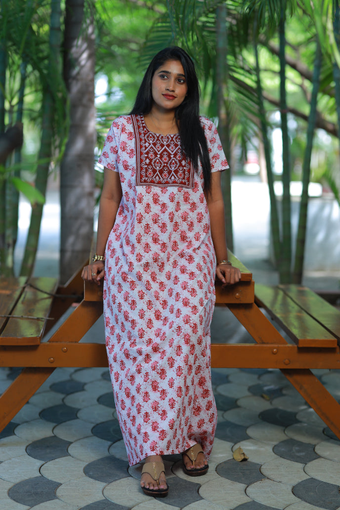 White with Red Butta design Neck Embroidery Nighty