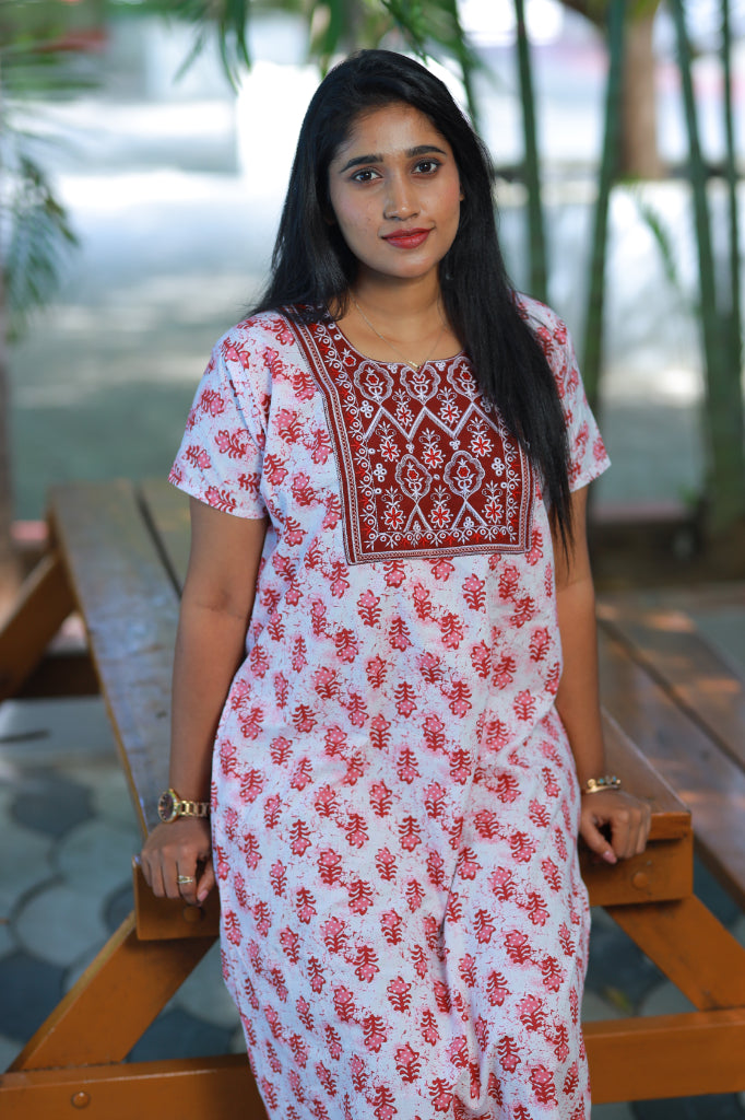 White with Red Butta design Neck Embroidery Nighty
