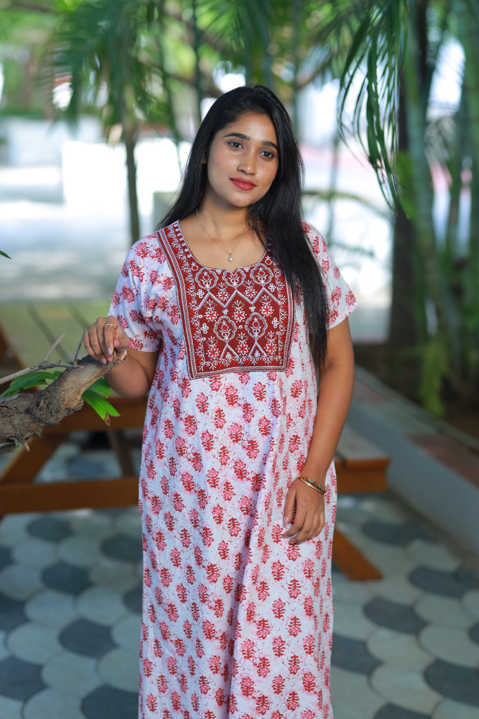White with Red Butta design Neck Embroidery Nighty