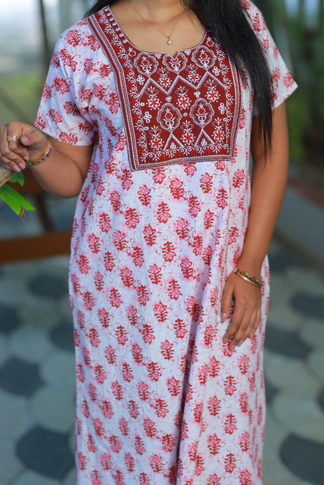 White with Red Butta design Neck Embroidery Nighty
