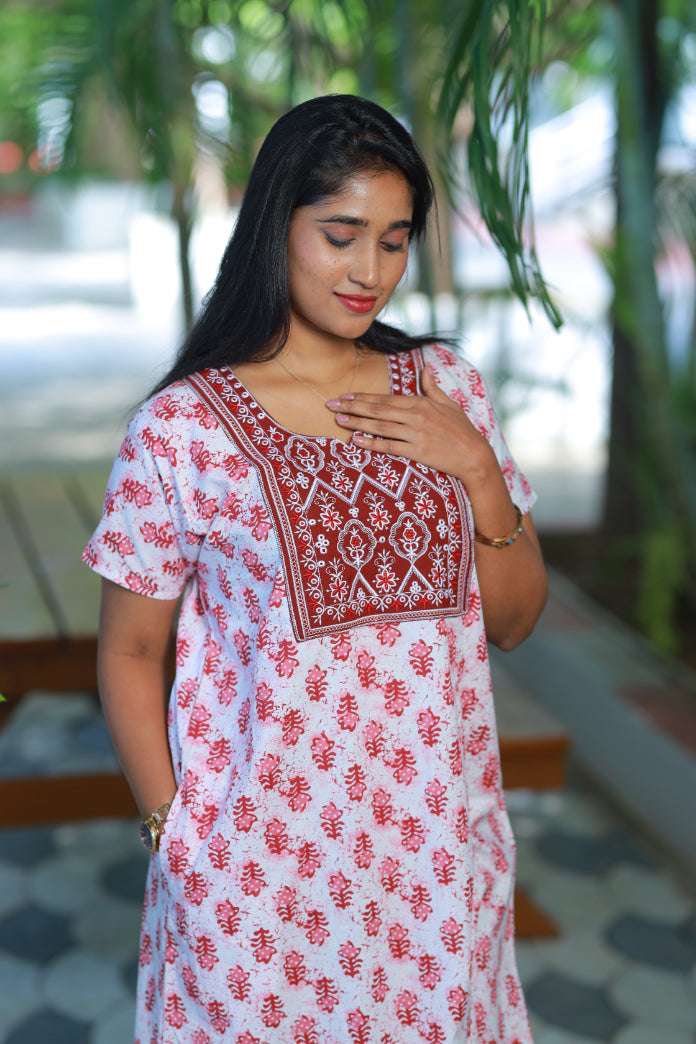 White with Red Butta design Neck Embroidery Nighty