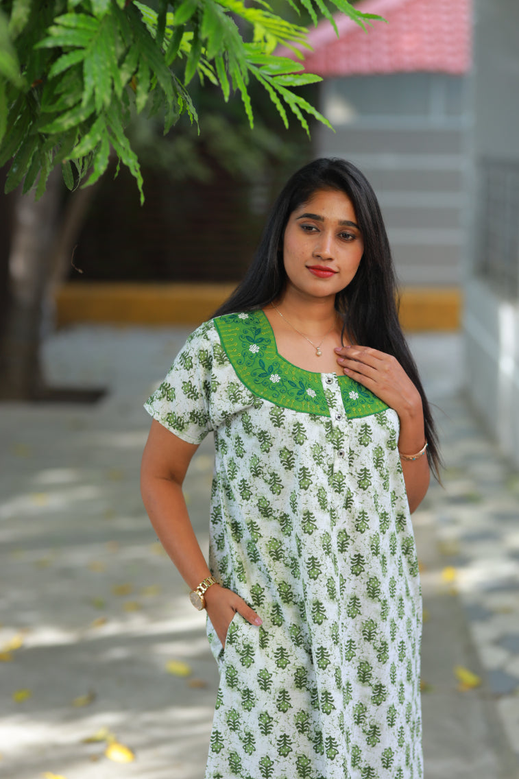 White butta Jaipur cotton with Embroidery Neck Nighty with buttons