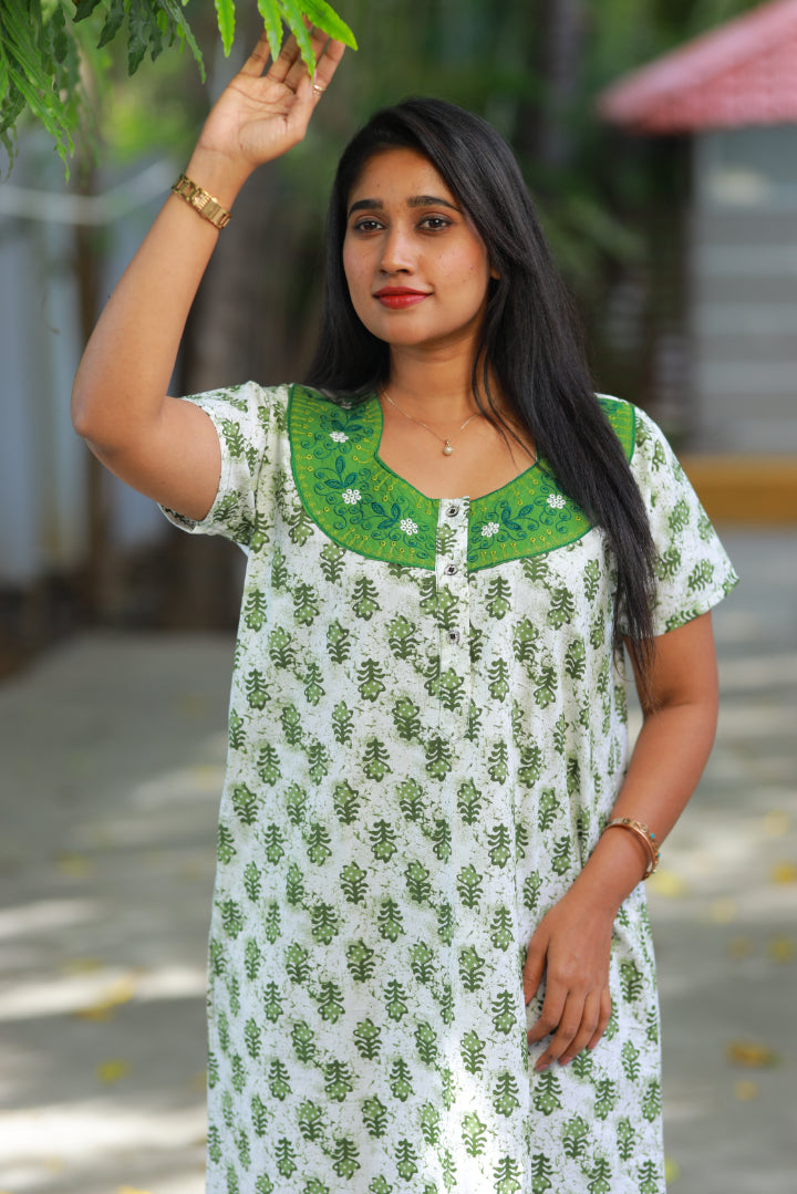White butta Jaipur cotton with Embroidery Neck Nighty with buttons