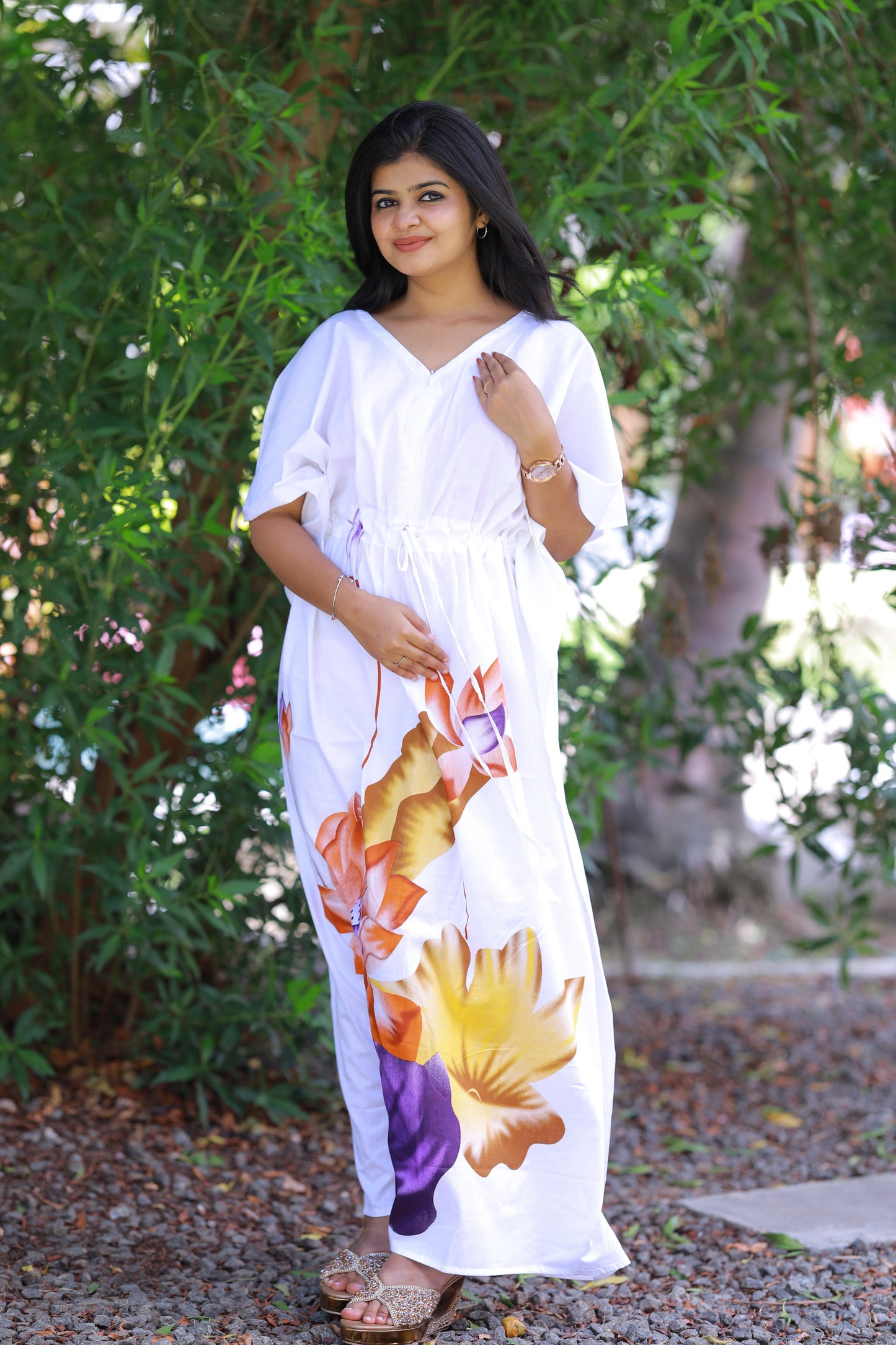 White With Blue and Orange Flower casual cotton kaftan with center zip