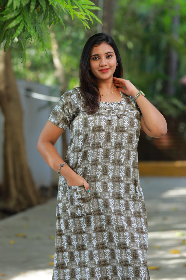 Light Gray With White Design Piping Without Zip Nighty