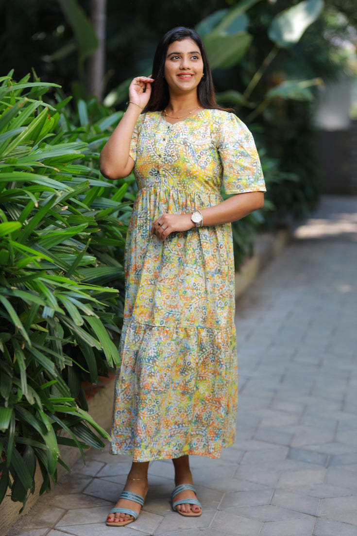 Pure cotton Hand Dyed multi color Batik double layer frock with Center button