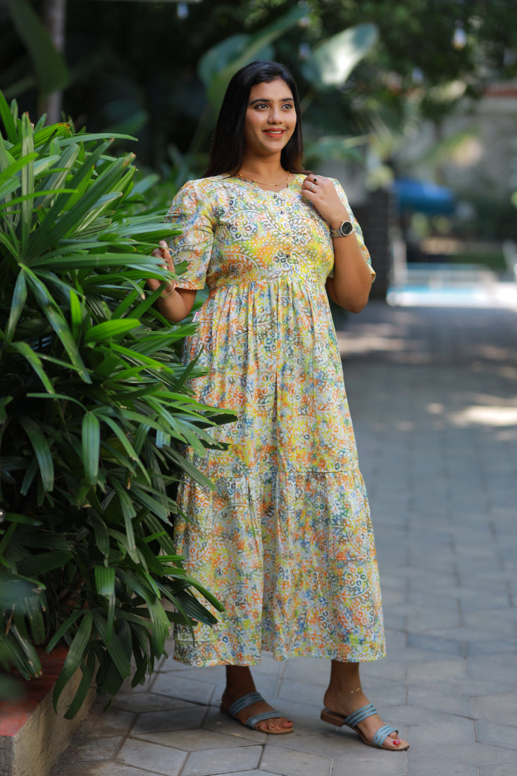 Pure cotton Hand Dyed multi color Batik double layer frock with Center button
