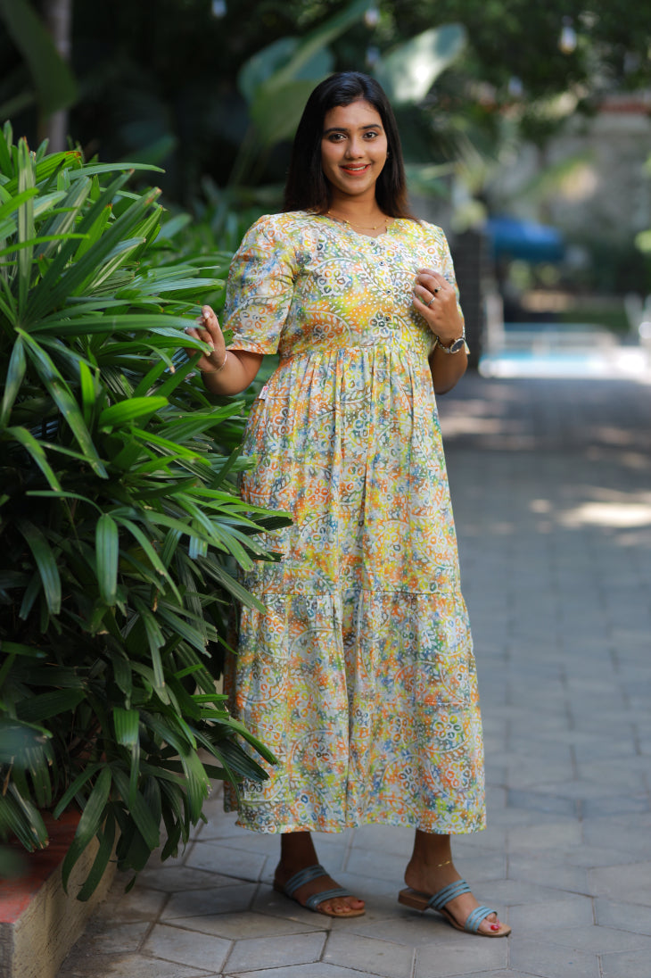 Pure cotton Hand Dyed multi color Batik double layer frock with Center button