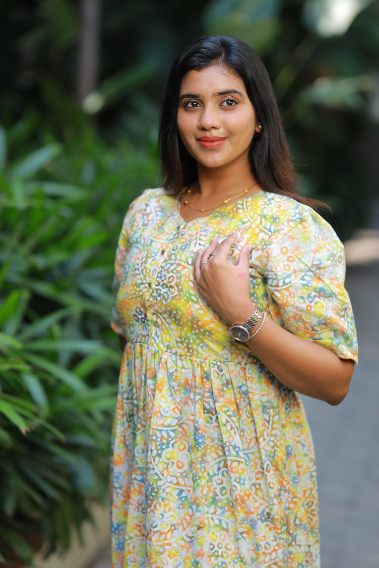 Pure cotton Hand Dyed multi color Batik double layer frock with Center button