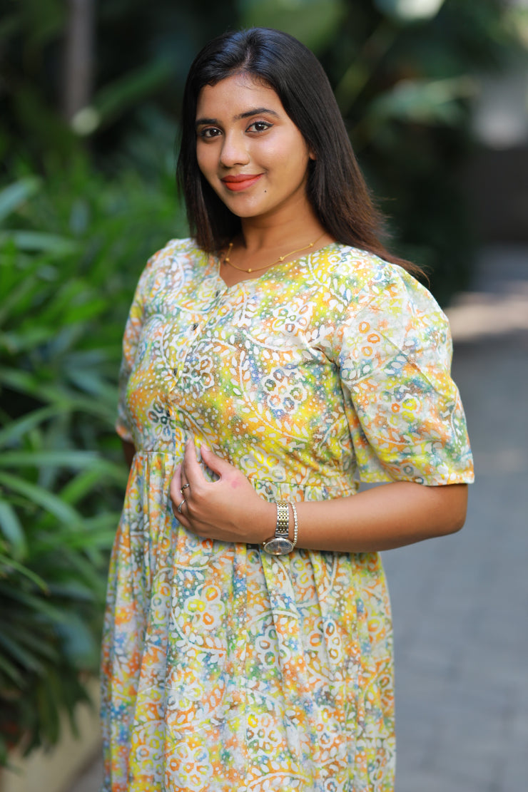 Pure cotton Hand Dyed multi color Batik double layer frock with Center button