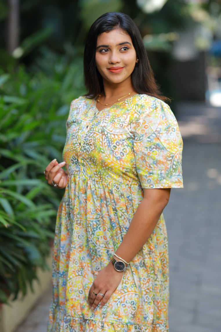 Pure cotton Hand Dyed multi color Batik double layer frock with Center button