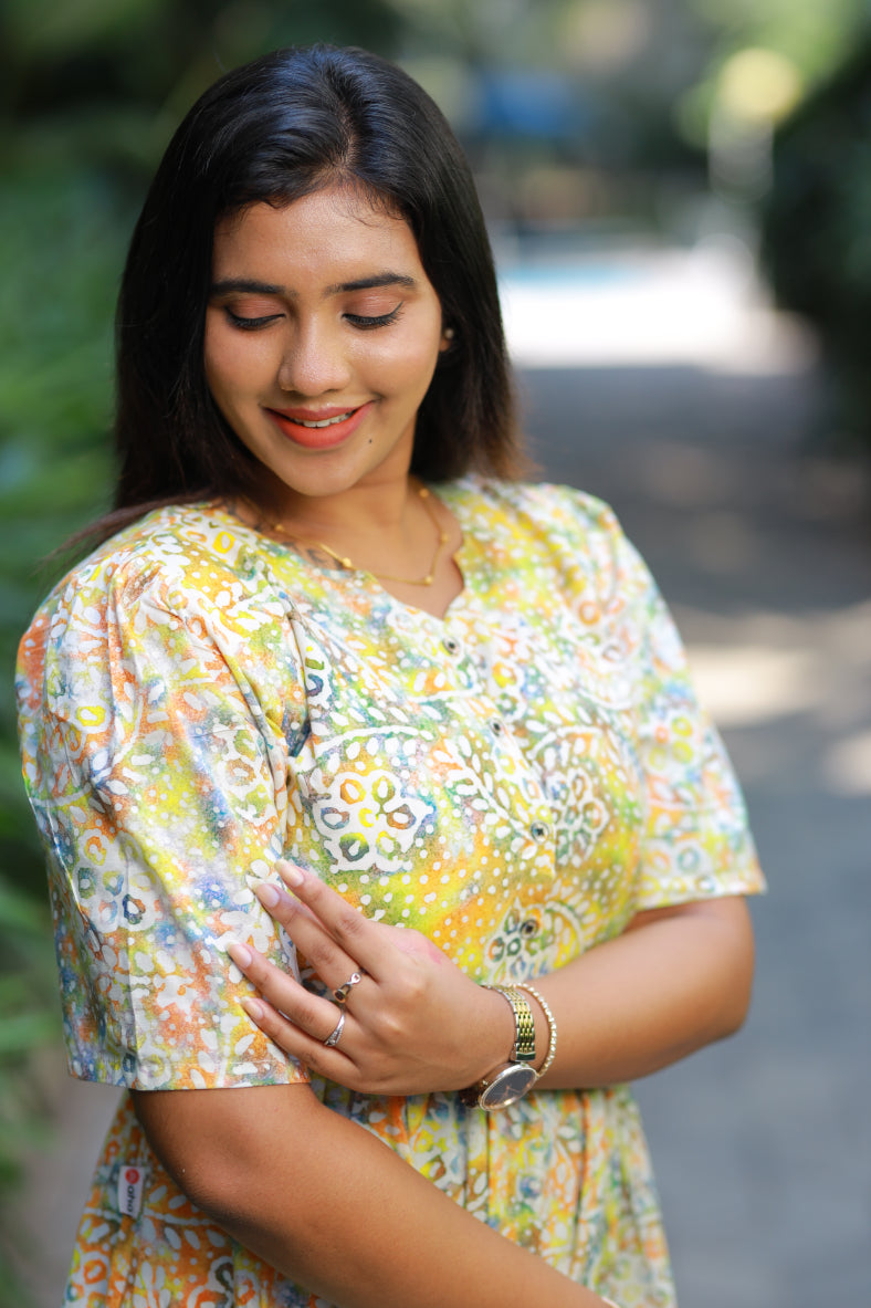 Pure cotton Hand Dyed multi color Batik double layer frock with Center button