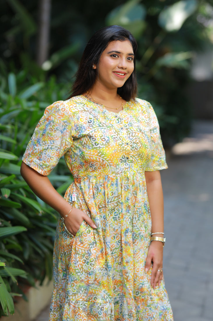 Pure cotton Hand Dyed multi color Batik double layer frock with Center button