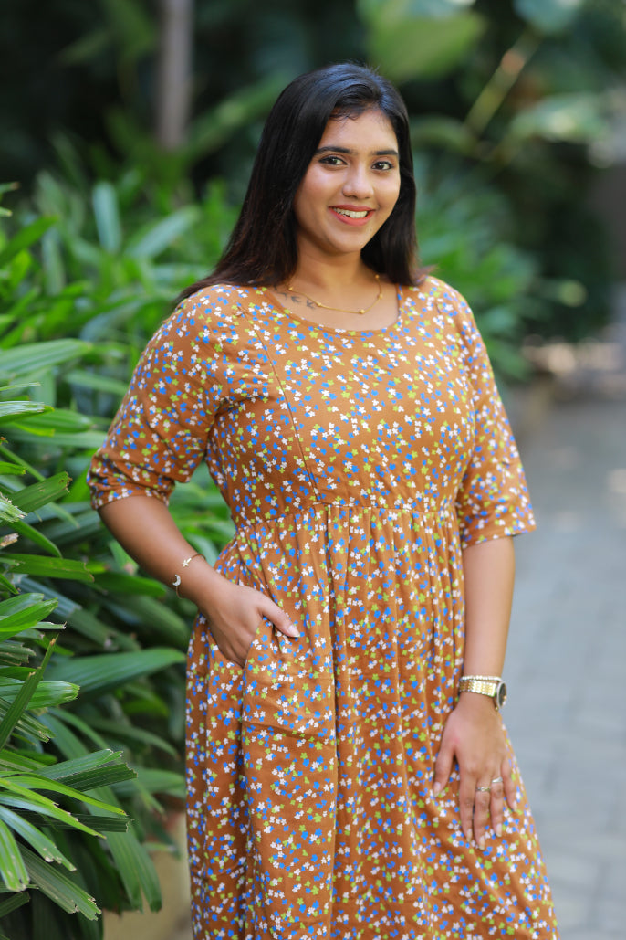 Pure cotton brown muslin double layer frock with side invisible zip