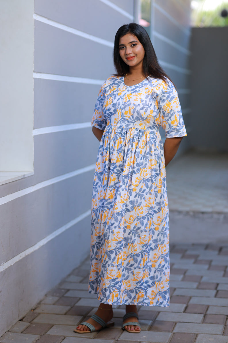 Pure cotton digital print double layer frock with center zip