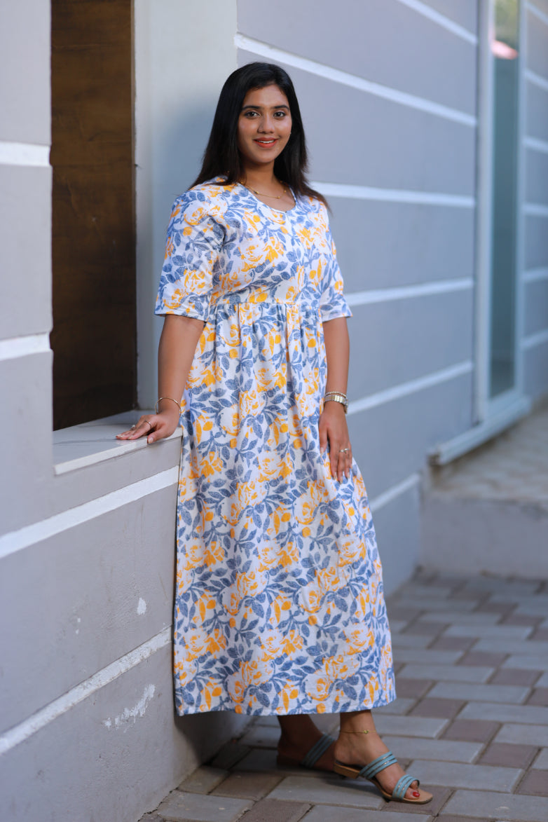 Pure cotton digital print double layer frock with center zip