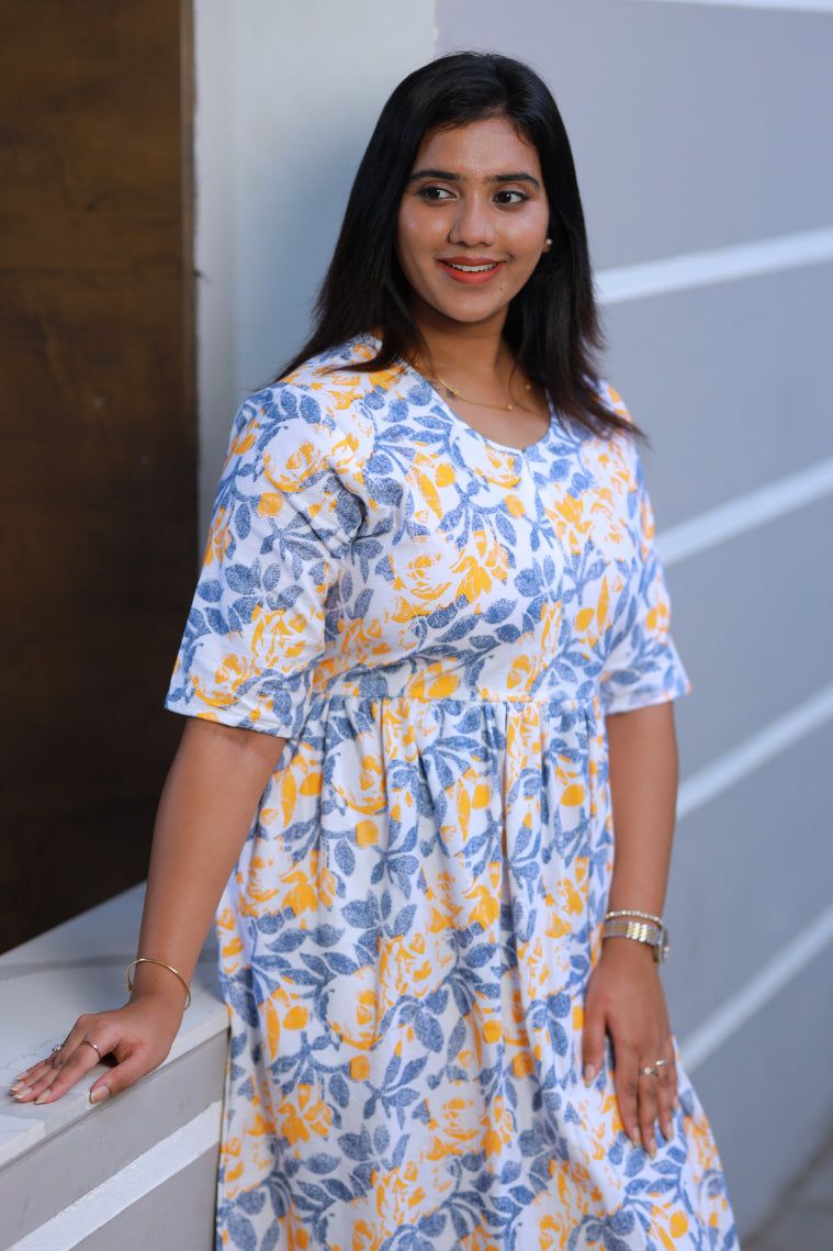 Pure cotton digital print double layer frock with center zip