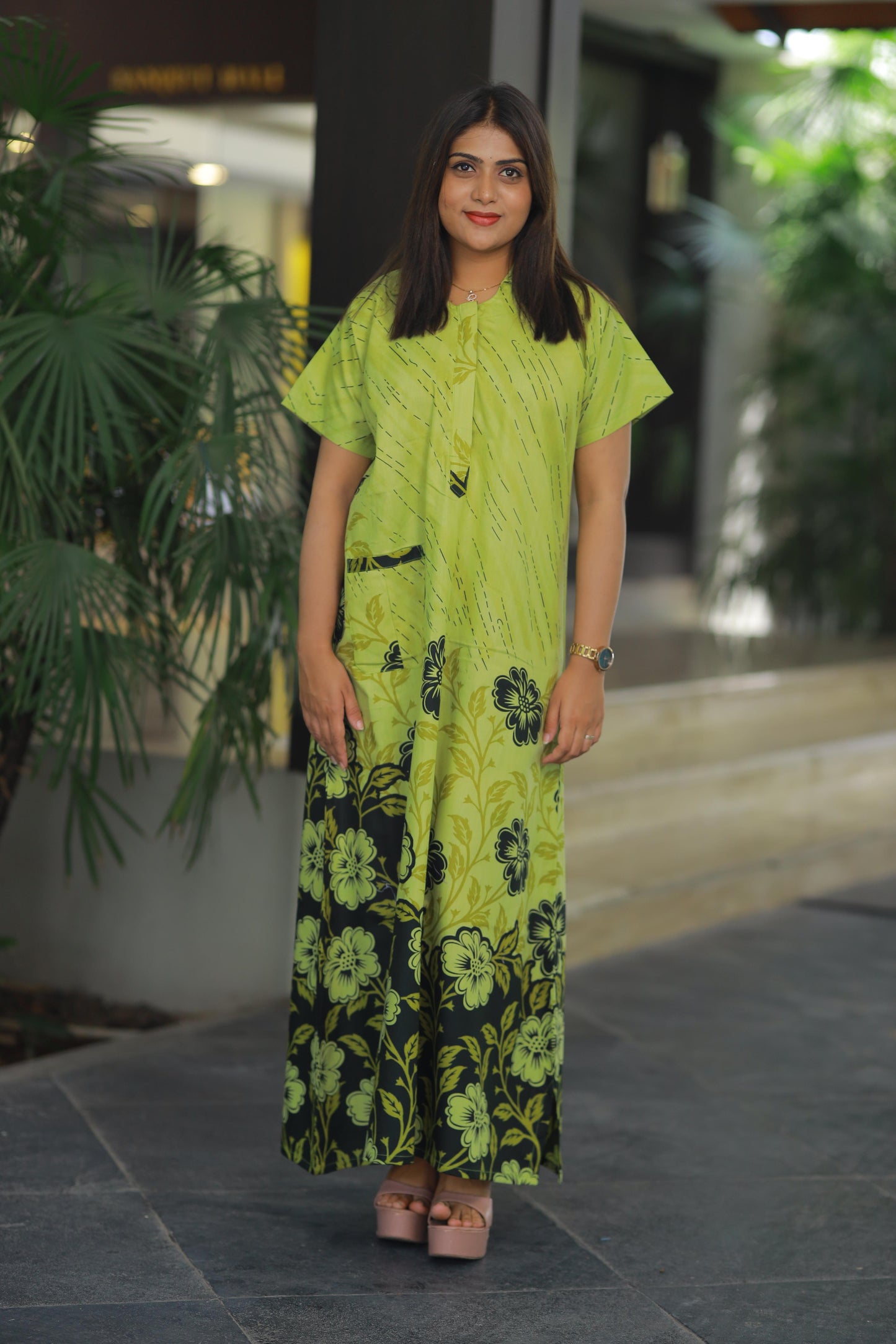 Light Green With Flower design Collar Nighty