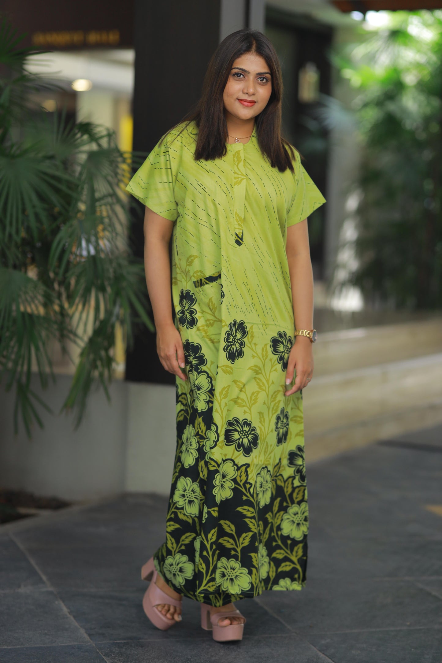 Light Green With Flower design Collar Nighty