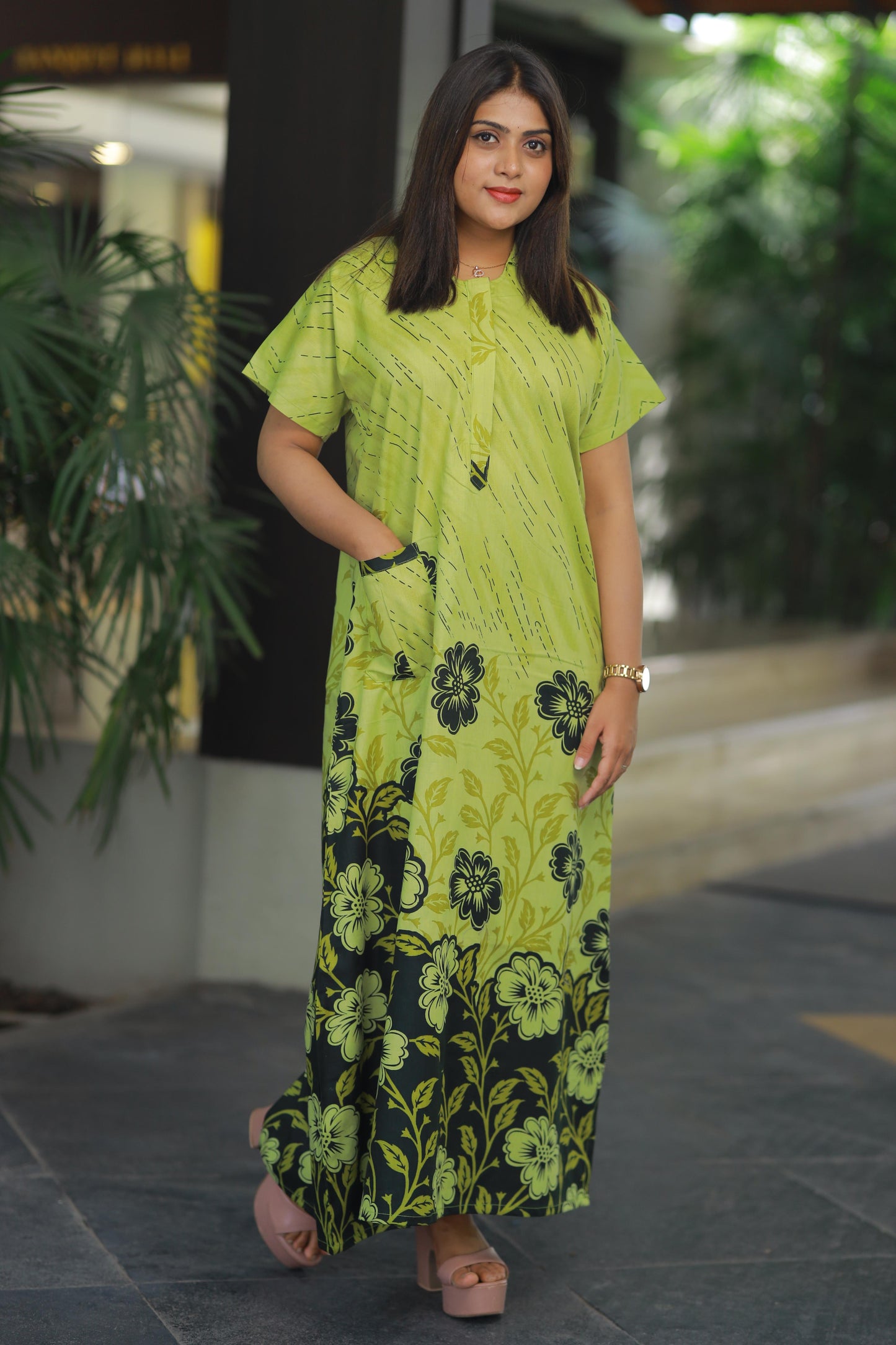 Light Green With Flower design Collar Nighty