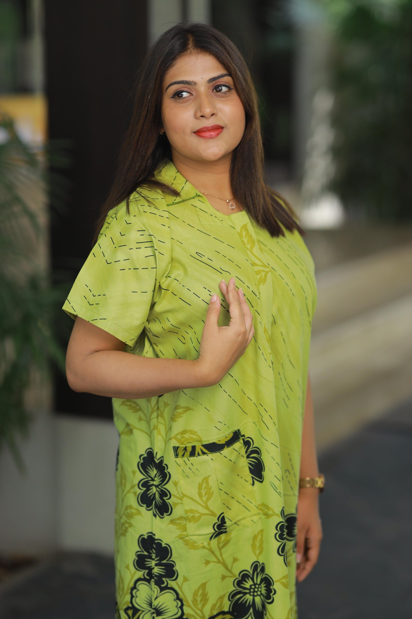 Light Green With Flower design Collar Nighty