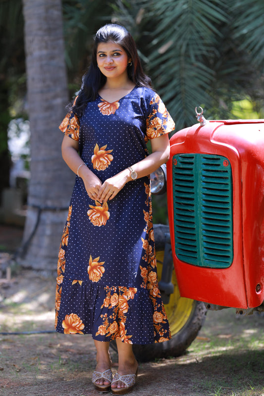 Dark Blue With Brown and Sandal Flower Design Midi gown Nighty