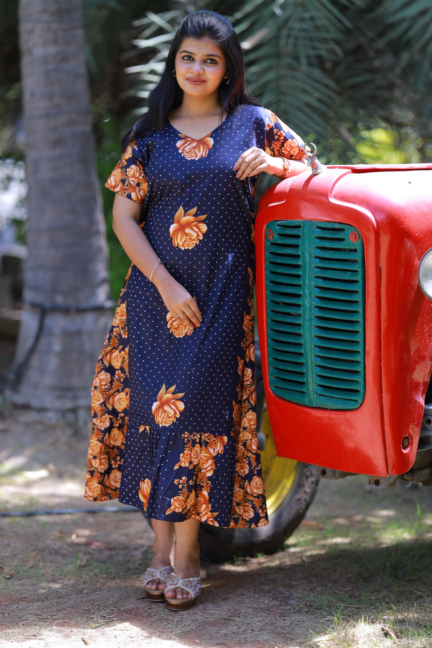 Dark Blue With Brown and Sandal Flower Design Midi gown Nighty