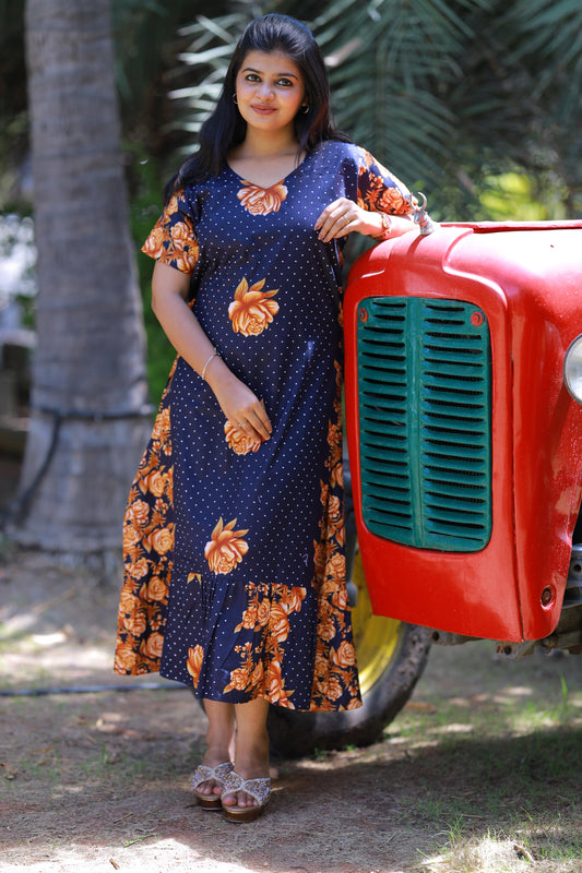 Dark Blue With Brown and Sandal Flower Design Midi gown Nighty