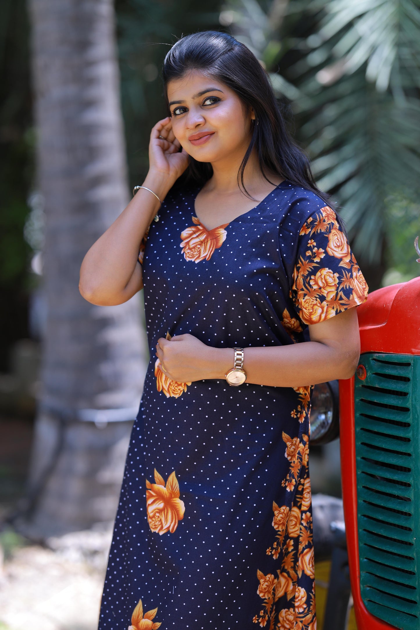 Dark Blue With Brown and Sandal Flower Design Midi gown Nighty