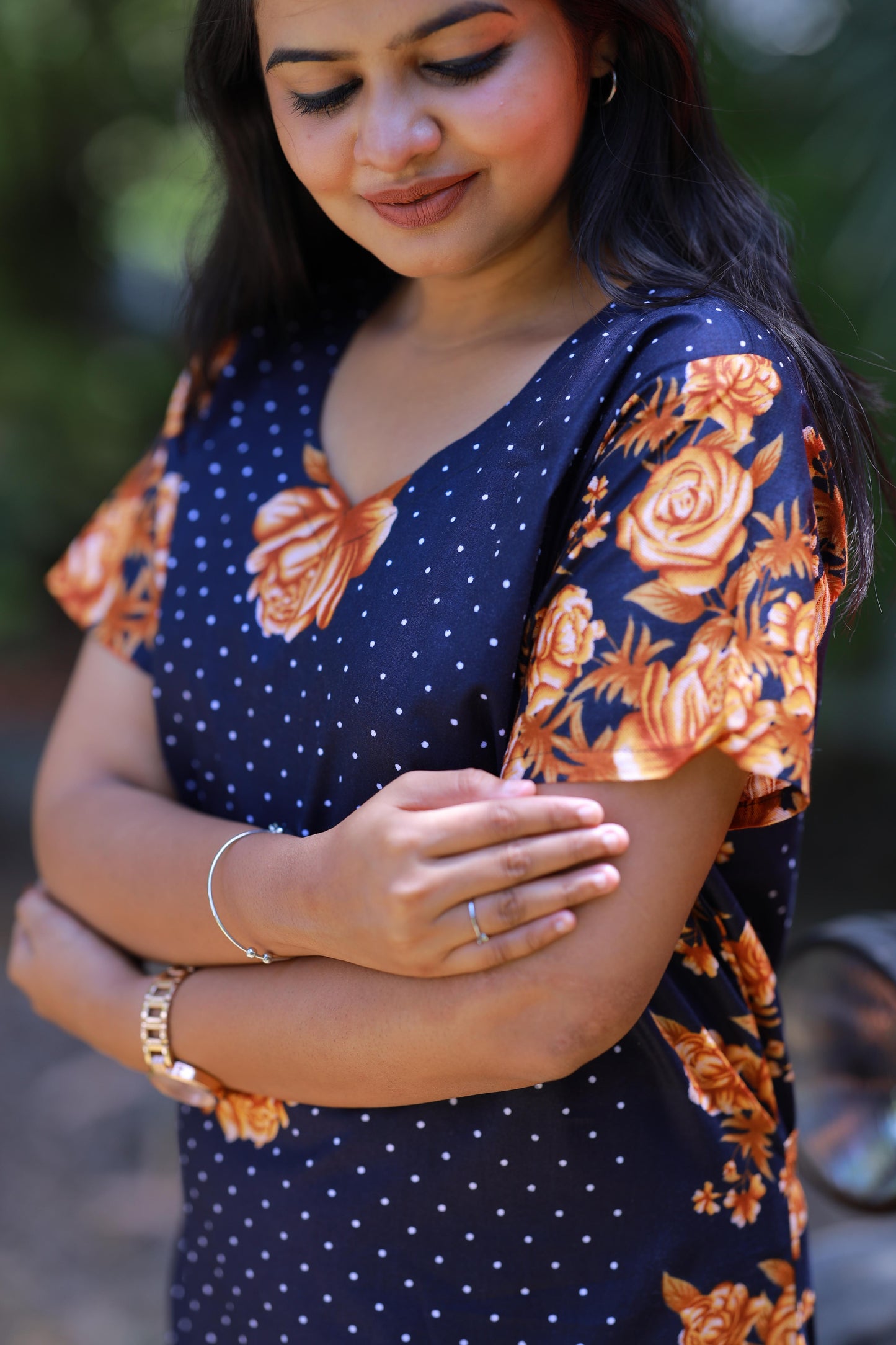 Dark Blue With Brown and Sandal Flower Design Midi gown Nighty