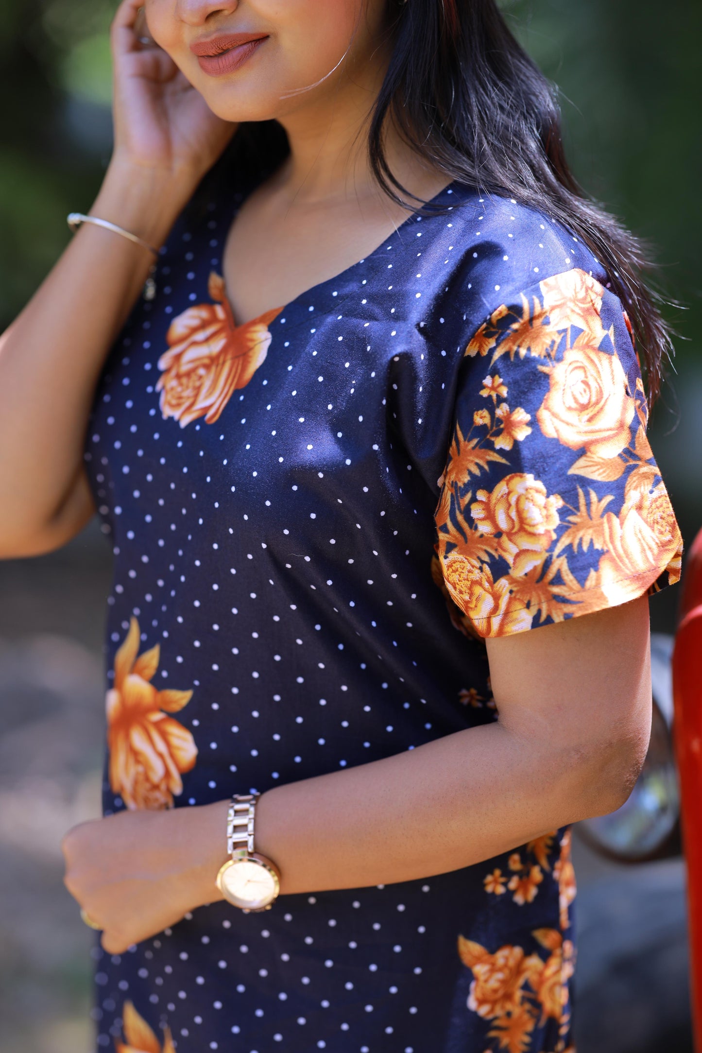 Dark Blue With Brown and Sandal Flower Design Midi gown Nighty