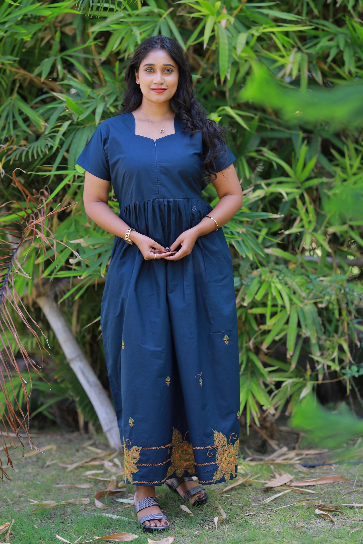 Drak navy blue with Yellow Embroidery desinge center zip Frock