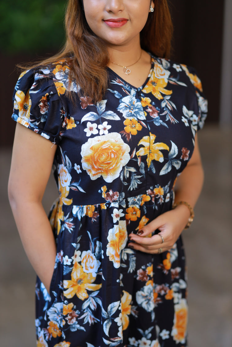 Dark Navy Blue With Yellow Midi Length center zip frock