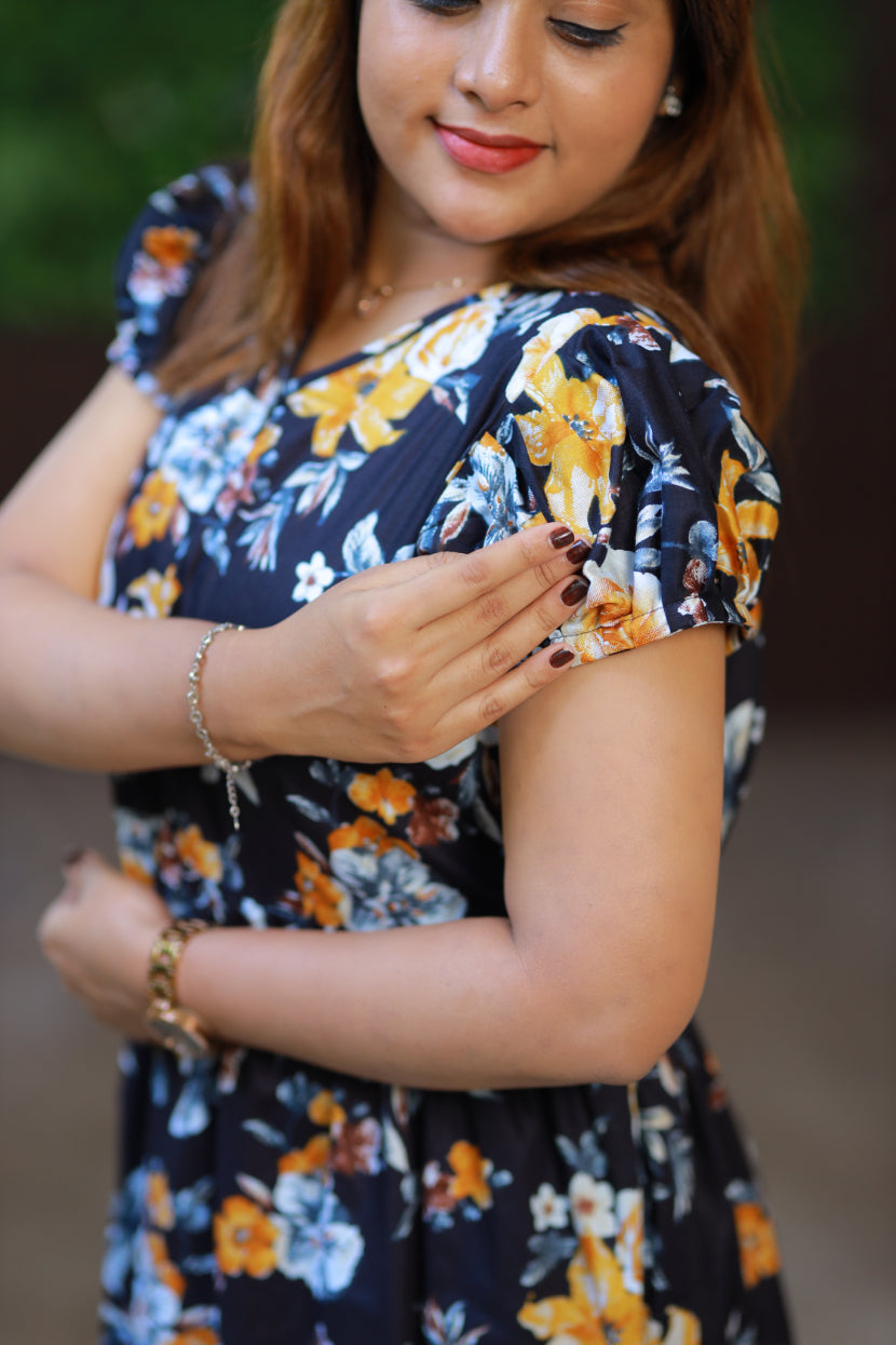 Dark Navy Blue With Yellow Midi Length center zip frock