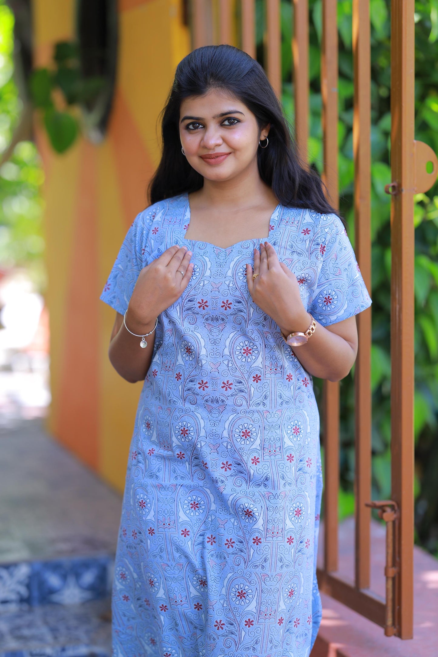 Light Blue With Black and Offwhite Floral Pattern Design Midi gown Nighty