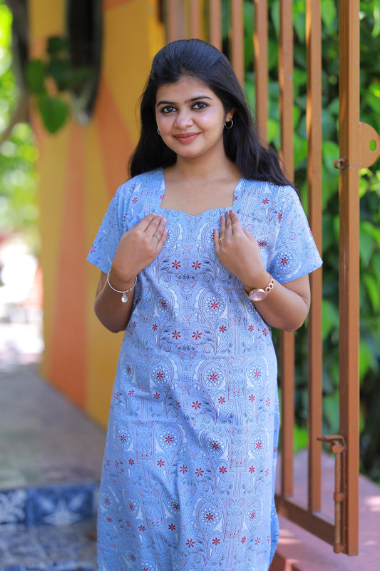 Light Blue With Black and Offwhite Floral Pattern Design Midi gown Nighty