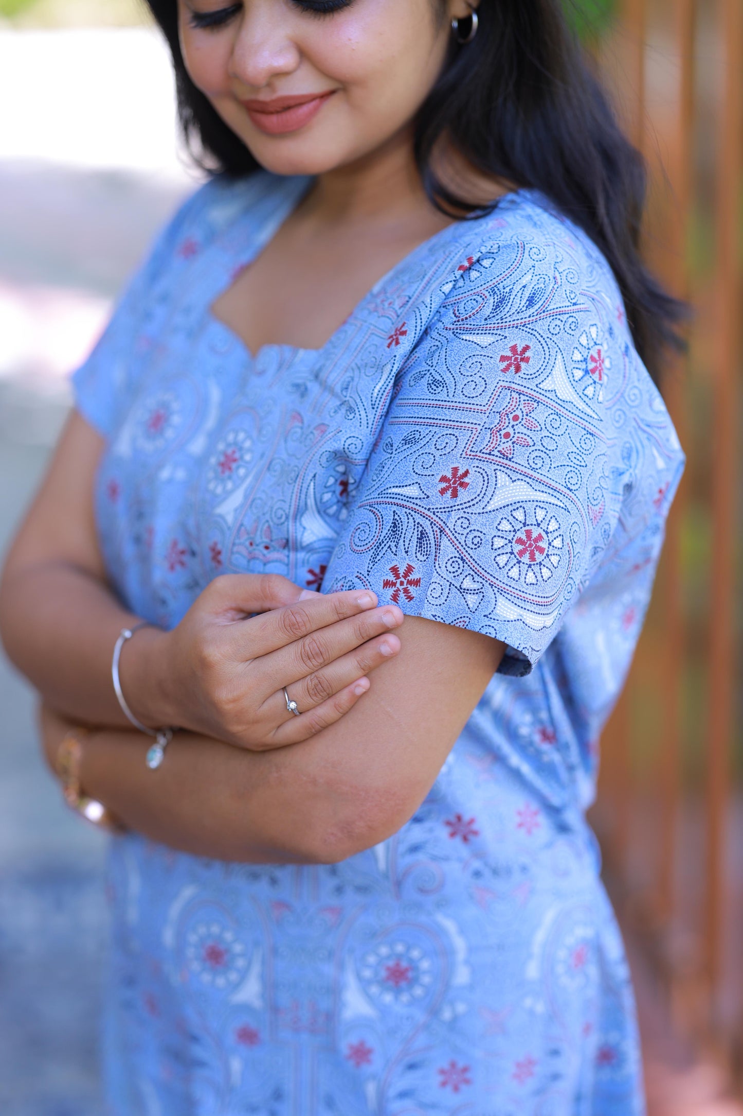 Light Blue With Black and Offwhite Floral Pattern Design Midi gown Nighty