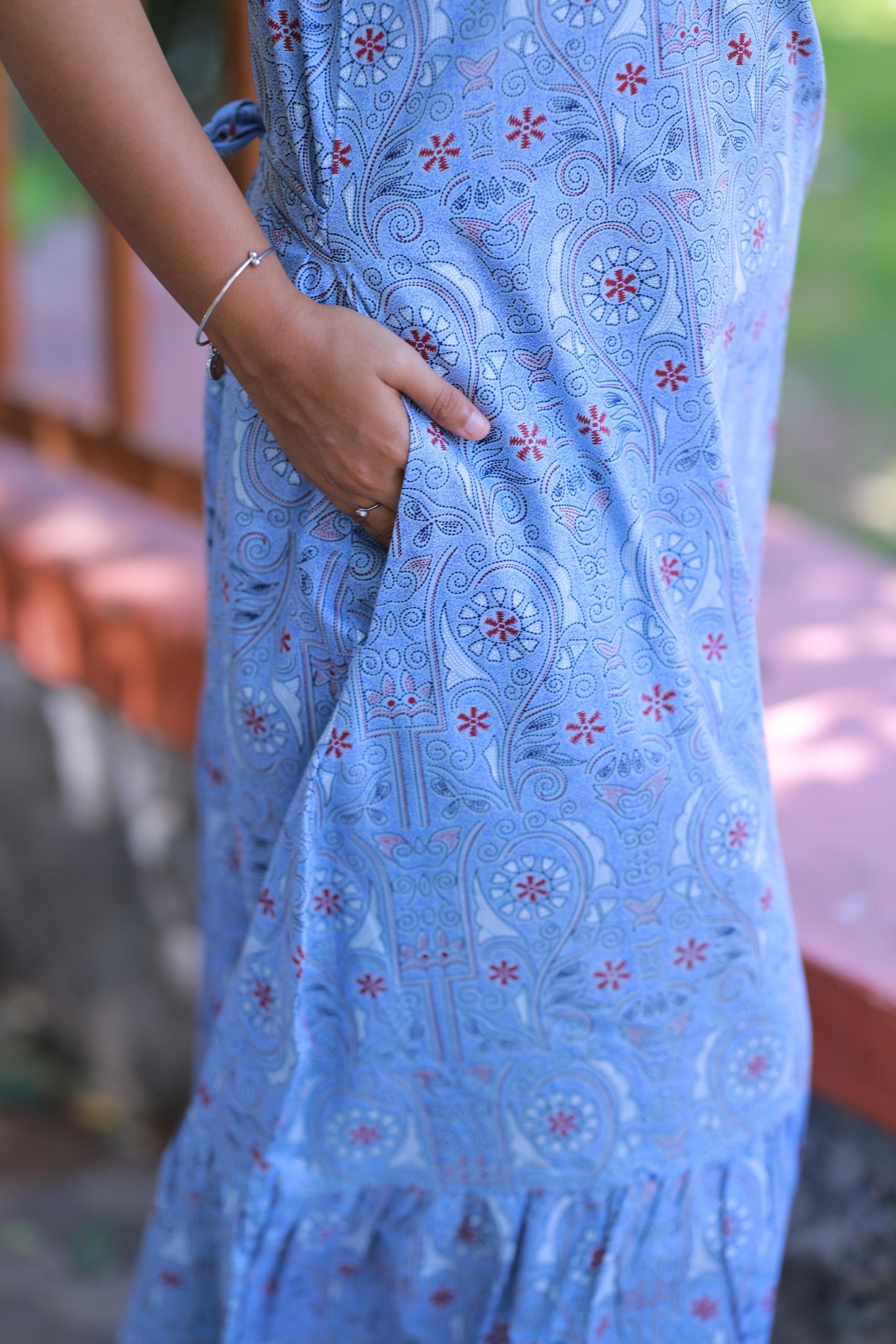 Light Blue With Black and Offwhite Floral Pattern Design Midi gown Nighty